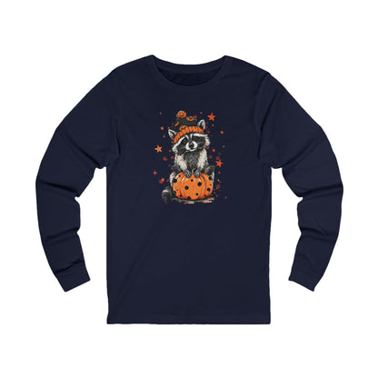 Cute Raccoon Halloween Long Sleeve Tee, Fall Fashion, Raccoon/Pumpkin Shirt, Unisex Apparel, Seasonal Gift