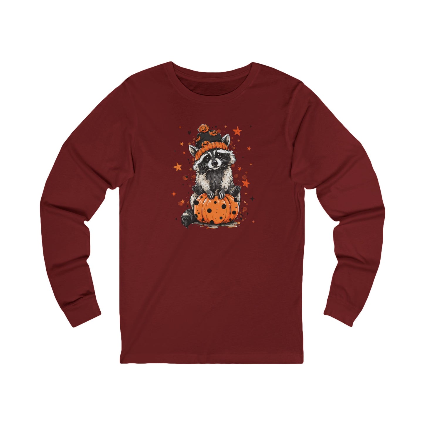 Cute Raccoon Halloween Long Sleeve Tee, Fall Fashion, Raccoon/Pumpkin Shirt, Unisex Apparel, Seasonal Gift