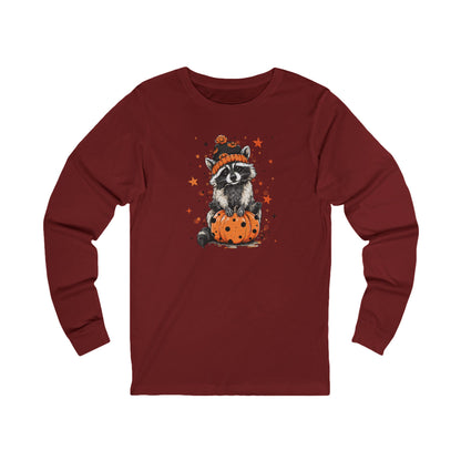 Cute Raccoon Halloween Long Sleeve Tee, Fall Fashion, Raccoon/Pumpkin Shirt, Unisex Apparel, Seasonal Gift