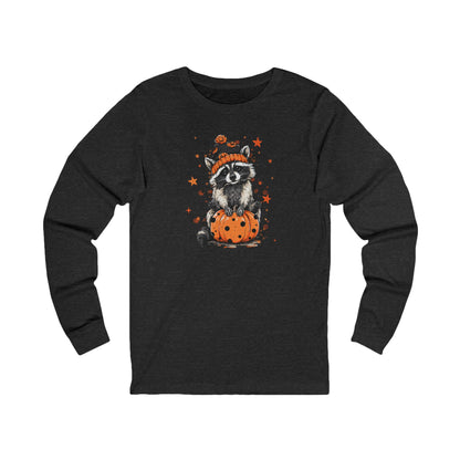 Cute Raccoon Halloween Long Sleeve Tee, Fall Fashion, Raccoon/Pumpkin Shirt, Unisex Apparel, Seasonal Gift