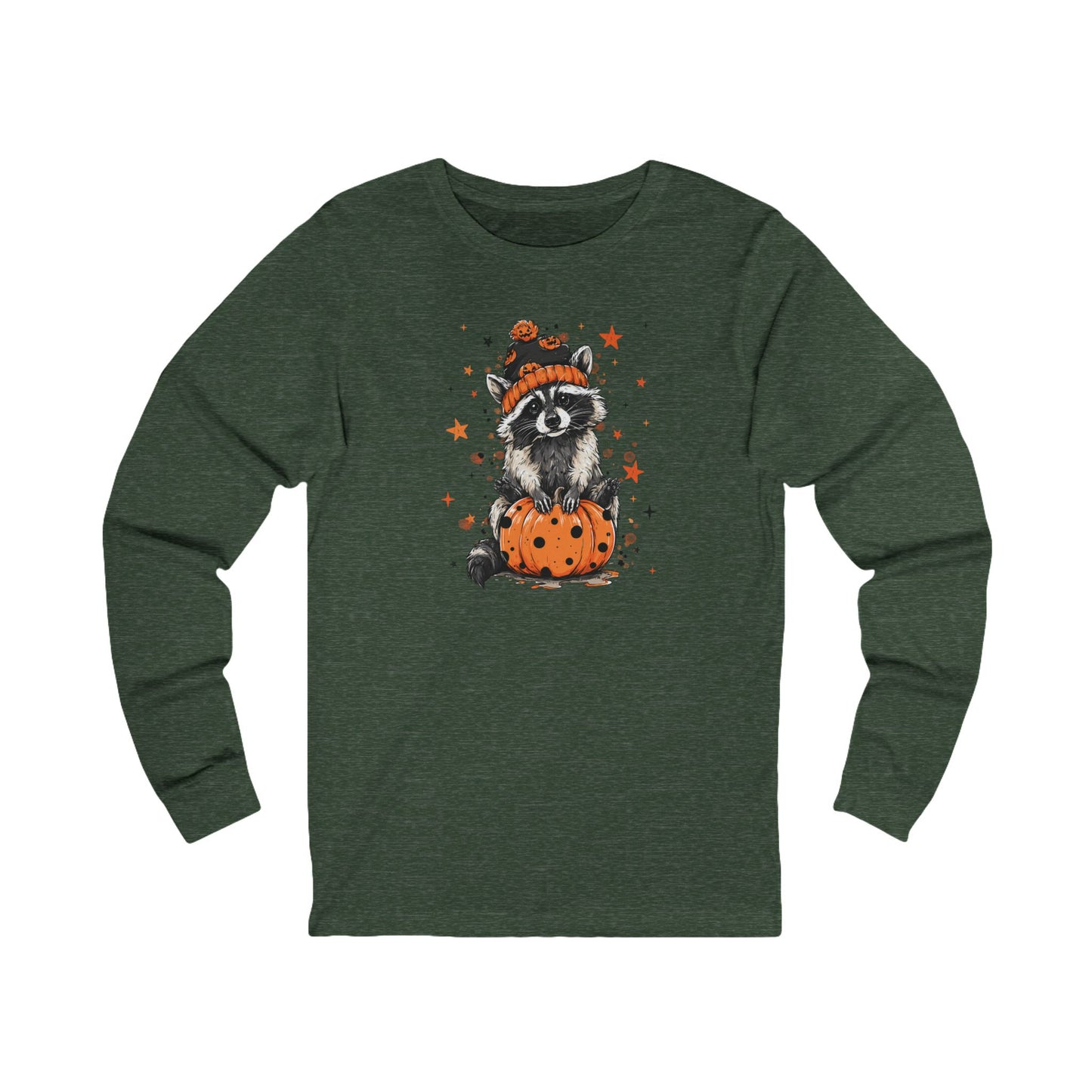 Cute Raccoon Halloween Long Sleeve Tee, Fall Fashion, Raccoon/Pumpkin Shirt, Unisex Apparel, Seasonal Gift