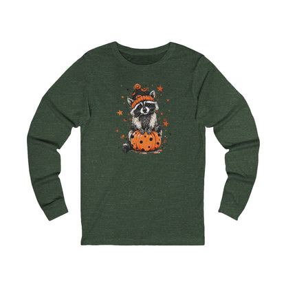 Cute Raccoon Halloween Long Sleeve Tee, Fall Fashion, Raccoon/Pumpkin Shirt, Unisex Apparel, Seasonal Gift