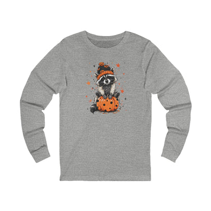 Cute Raccoon Halloween Long Sleeve Tee, Fall Fashion, Raccoon/Pumpkin Shirt, Unisex Apparel, Seasonal Gift