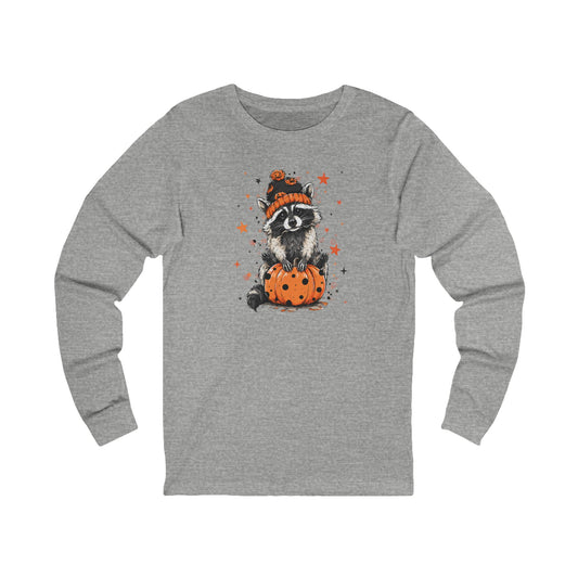 Cute Raccoon Halloween Long Sleeve Tee, Fall Fashion, Raccoon/Pumpkin Shirt, Unisex Apparel, Seasonal Gift