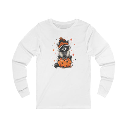 Cute Raccoon Halloween Long Sleeve Tee, Fall Fashion, Raccoon/Pumpkin Shirt, Unisex Apparel, Seasonal Gift