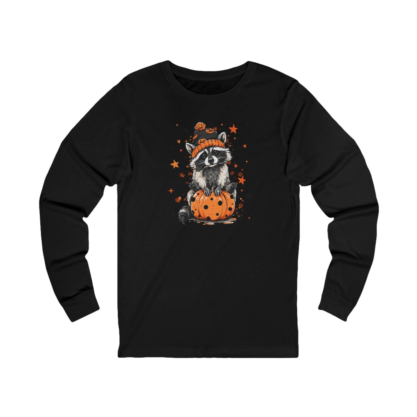 Cute Raccoon Halloween Long Sleeve Tee, Fall Fashion, Raccoon/Pumpkin Shirt, Unisex Apparel, Seasonal Gift
