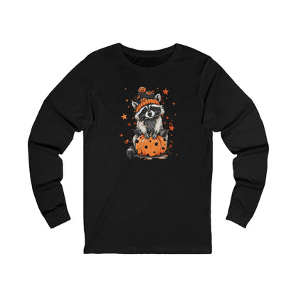 Cute Raccoon Halloween Long Sleeve Tee, Fall Fashion, Raccoon/Pumpkin Shirt, Unisex Apparel, Seasonal Gift