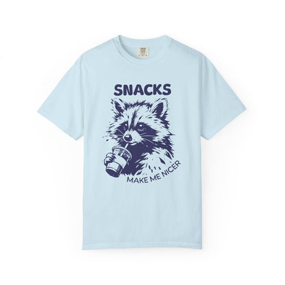 Garment-Dyed 100% cotton T-Shirt with Snack-Loving Raccoon Design, Casual Wear, Cute Animal Tee, Gift for Food Lovers, Fun Vintage Vibe