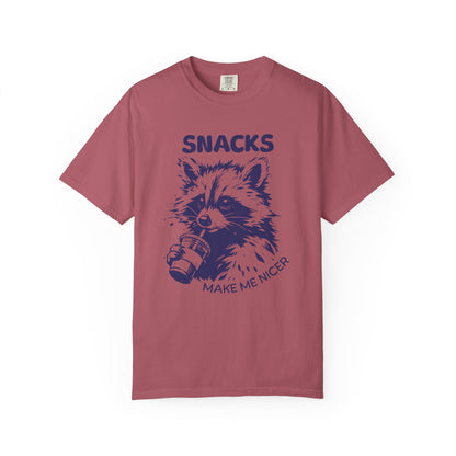 Garment-Dyed 100% cotton T-Shirt with Snack-Loving Raccoon Design, Casual Wear, Cute Animal Tee, Gift for Food Lovers, Fun Vintage Vibe